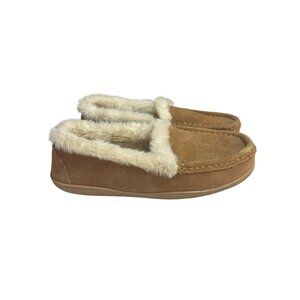 Clarks Tessa Slip On Moccasin Slippers Women's Size 7 Shearling Lined Brown Leat